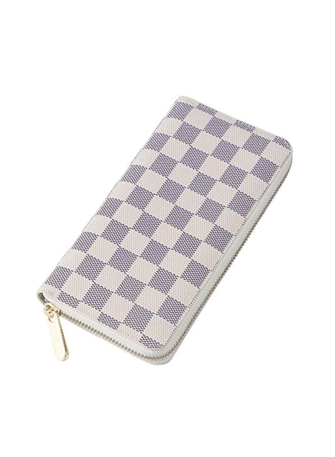 HEFANG RFID Checkered Leather Zip Around Wallet Beige/Blue - Image 5
